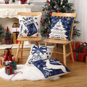 Christmas Pillow Covers 18x18 Set of 4 Buffalo Plaid Christmas Decorative Throw Pillow Covers Winter Holiday Cushion Case with Christmas Tress Bell Deer Print for Sofa Couch, Blue