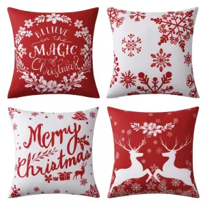 Christmas Decorative Pillow Covers 4 pcs 18×18 Inches Red/White Velvet Xmas Tree Snowflake Deer Pillow Cases for Home Decor