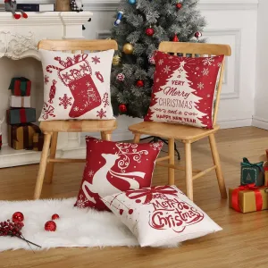 Christmas Pillow Covers 18x18 Set of 4 Christmas Decorative Throw Pillow Covers Winter Holiday Cushion Case with Christmas Tress Bell Deer Print for Sofa Couch, Red