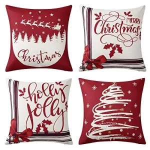 Christmas Pillow Cover 18×18 Set of 4 Christmas Sleigh Tree Pattern Xmas Decorative Pillow Cases Farmhouse Throw Pillow Covers with Sleigh Elk Tree Printed, Red