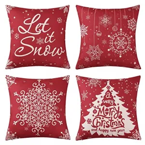 Christmas Pillow Covers Red Pillow Cover for Xmas Decor Christmas Snowflake Tree Pattern Merry Christmas Printed Pillow Cases Xmas Tree Pattern, Red, 18×18 Set of 4