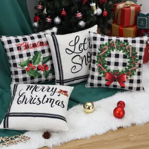 Christmas Pillow Covers 18x18 Set of 4 Black and White Buffalo Plaid Christmas Decorative Throw Pillow Covers Winter Holiday Cushion Case with Christmas Tress Bell Deer Print for Sofa Couch
