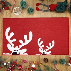 Christmas Doormat, 17" x 29" Winter Seasonal Door Mat for Outdoor Non Slip Rubber Backing Bath Mat Xmas Floor Mats Indoor Washable-Red-Deer Horns