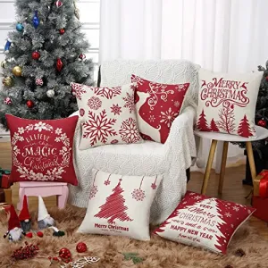 Christmas Throw Pillow Covers, Christmas Decor for Home Tree Deer Snowflake Pillow Case for Couch 18x18 Inches, Red, Set of 6