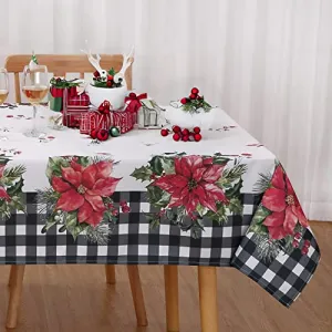 Plaid Tablecloth Christmas Table Cloth Spill Proof Water Resistant Anti-wrinkle Elegance Polyester Flower Table Cloth for Kitchen Parties Holiday Dinner Tabletop, Rectangle/Oblong, 54"x 90", Black and White