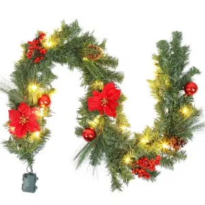 6ft Christmas Garland with Lights, Battery Operated Garland Christmas Decoration with Red Poinsettia Pinecones Ball Ornaments, Christmas Mantle Decorations Staircase Fireplace Decor