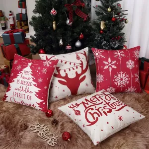 Christmas Pillow Covers 18×18 inches 4packs Christmas Decor Pillow Covers Christmas Deer Snowflake Pattern Faux Linen Cushion Cases for Bed Sofa Car