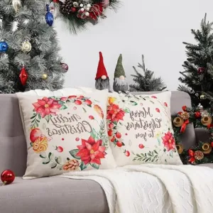 Christmas Pillow Covers 18x18 Set of 2 Red Indoor Home Decor Pillow Cases Farmhouse Decorative Throw Pillows for Living Room Xmas Wreath Winter Holiday Pillow Cover for Sofa Couch Bedroom