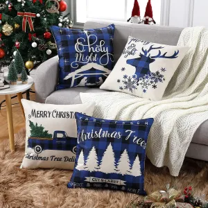 Juego de 4 fundas de almohada decorativas de Navidad de 18 x 18 pulgadas, fundas de almohada para el hogar, árbol de Navidad, ciervo, decoración de día festivo, funda de cojín para el hogar, color azul