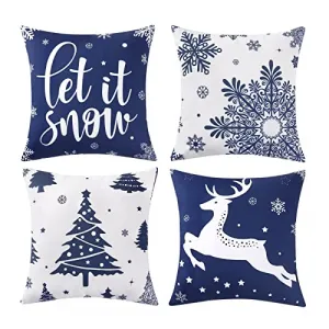 Christmas Pillow Covers 18×18 Set of 4 Soft Velvet Xmas Pillow Cases Christmas Deer Tree Snowflake Print Pillowshams Xmas Cushion Case for Winter Holiday Hidden Zipper Design, Blue