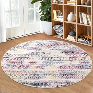 Geometric Boho 4ft Round Rug Round Boho Area Rug Vintage Moroccan Low Pile Non-Shedding Round Area Rug Machine Washable Black White Circle Rug Non-Slip Low Pile Floor Cover Foldable Thin Rug