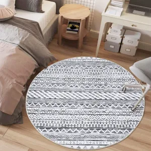 Boho Round Rug 3ft - Vintage Moroccan, Low Pile, Non-Shedding, Machine Washable, Light Grey, Non-Slip, Foldable, Thin, Ideal for Home