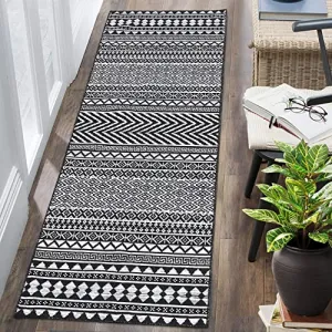 Washable Runner Rug 2x10 Vintage Boho Geometric Hallway Runners Moroccan Distressed Runner Rug Low Pile Entryway Rug Runner Kitchen Mat Chenille Living Room Home Office Runner Rug, Black