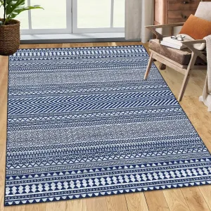 Moroccan Area Rug 4x6 Boho Geometric Floor Cover Soft Chenille Indoor Area Rugs Machine Washable Vintage Floor Carpet for Living Room Bedroom Non-Slip Floor Decor Foldable Thin Rug Navy