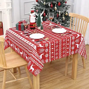 Christmas Tablecloth, Xmas Tree and Deer Design Square Table Cloth Waterproof Holiday Decorative Boho Table Cover for Outdoor, Indoor Party Kitchen Dining Room, 52 x 52 Inch, White