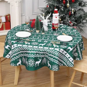 Round Table Cloths 60 Inch Xmas Tree and Deer Design Waterproof Tablecloth Boho Table Cover for Outdoor, Indoor Party Kitchen Dining RoomRound 60x60, Green1