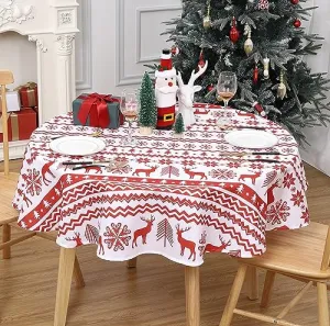 Round Table Cloths 60 Inch Xmas Tree and Deer Design Waterproof Tablecloth Boho Table Cover for Outdoor, Indoor Party Kitchen Dining RoomRound 60x60, White/Red