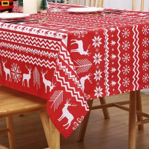 Rectangle Christmas Tablecloth, Xmas Tree and Deer Design Table Cloth Waterproof Holiday Decorative Boho Table Cover for Outdoor, Indoor Party Kitchen Dining Room, 52 x 70 Inch, Red
