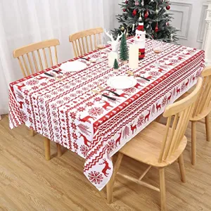 Rectangle Christmas Tablecloth, Xmas Tree and Deer Design Table Cloth Waterproof Holiday Decorative Boho Table Cover for Outdoor, Indoor Party Kitchen Dining Room, 60 x 84 Inch, White