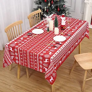 Rectangle Christmas Tablecloth, Xmas Tree and Deer Design Table Cloth Waterproof Holiday Decorative Boho Table Cover for Outdoor, Indoor Party Kitchen Dining Room, 60 x 84 Inch, Red