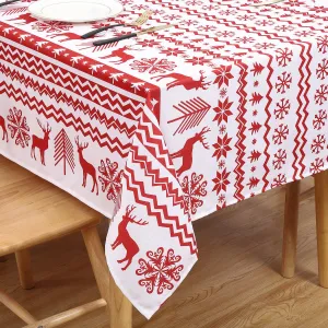 Rectangle Christmas Tablecloth, Xmas Tree and Deer Design Table Cloth Waterproof Holiday Decorative Boho Table Cover for Outdoor, Indoor Party Kitchen Dining Room, 52 x 70 Inch, White
