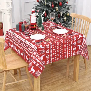 Christmas Tablecloth, Xmas Tree and Deer Design Square Table Cloth Waterproof Holiday Decorative Boho Table Cover for Outdoor, Indoor Party Kitchen Dining Room, 52 x 52 Inch, Red