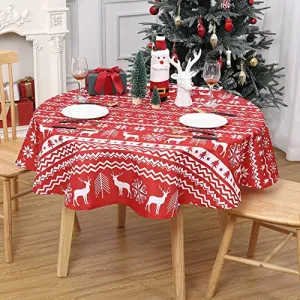 Christmas Round Tablecloth 60 Inch, Xmas Tree and Deer Design Table Cloth Waterproof Holiday Decorative Boho Table Cover for Outdoor, Indoor Party Kitchen Dining Room, Red