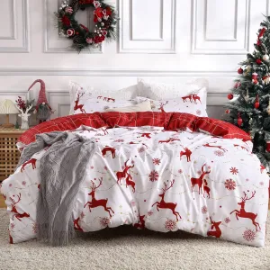 Christmas Duvet Cover Queen, Reversible Printed Comforter Cover Set Christmas Holiday Decorative Bedding, Soft Microfiber Red Duvet + 2 Pillow Shams (Christmas Reindeer and Snowflake, Queen)