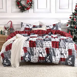 Christmas Duvet Cover Twin, Reversible Printed Comforter Covers Set Christmas Holiday Decorative Bedding, Soft Microfiber Red Duvet + 1 Pillow Sham (Christmas Plaid, Twin)