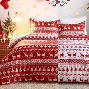 Christmas Duvet Cover Twin, Soft Microfiber Red Duvet Covers, Reversible Printed Comforter Cover Set Christmas Holiday Decorative Bedding (Christmas Reindeer and Tree, Twin)