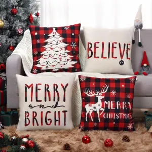 Christmas Pillow Covers 18x18 Set of 4 Red and Black Buffalo Plaid Christmas Decorative Throw Pillow Covers Winter Holiday Cushion Case with Christmas Tress Deer Print for Sofa Couch