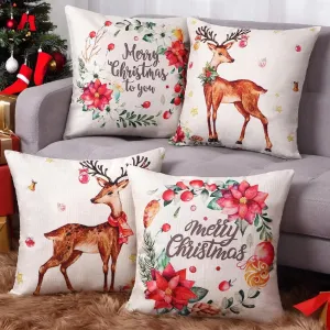 Beige Christmas Throw Pillow Covers Christmas Deer Wreath Pattern Printed Pillow Cases Xmas Linen Cushion Case for Couch Sofa Bed, 4 pcs 18×18