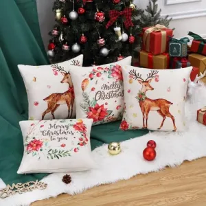 Christmas Pillow Covers 18x18 Set of 4 Beige Christmas Decorative Throw Pillow Covers Fall Decor Winter Holiday Cushion Case with Christmas Tress Deer Print for Sofa Couch