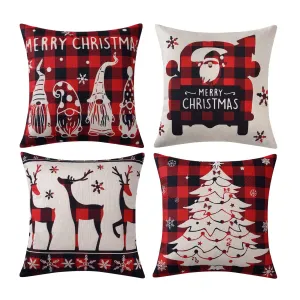 Buffalo Plaid Christmas Pillow Covers 18x18 Inch Set of 4 Black and Red Gnomes Throw Pillow Cases Winter Holiday Outdoor Decorations Deer Xmas Tree Santa Claus Cushion Covers for Sofa Couch