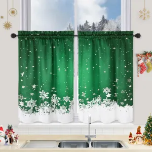 Christmas Kitchen Curtains, Green Velvet Curtains Set for Windows, Floral Snowflake Decoration Cafe Curtains, Thermal Insulated Room Darkening Short Curtain (26" W x 24" L, Set of 2