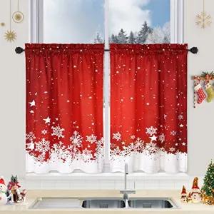 Christmas Kitchen Curtains, Red Velvet Curtains Set for Windows, Floral Snowflake Decoration Cafe Curtains, Thermal Insulated Room Darkening Short Curtain (26" W x 24" L, Set of 2