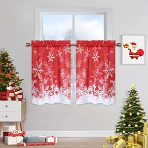 Tier Curtains for Kitchen, Chriatmas Snowflake Pattern Half Window Cafe Curtains Kitchen Curtains, Xmas Decorations Bathroom Window Curtain, 26" W x 30" L, Set of 2