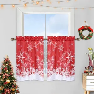Kitchen Curtains 36 Inches Long, Christmas Snowflake Pattern Bathroom Window Curtain, Xmas Decorations Cafe Curtains Small Half Window Treatment Set, Set of 2