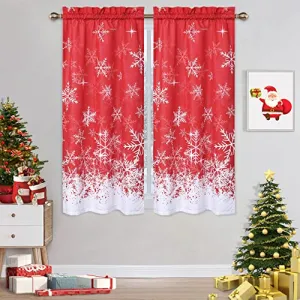 Cafe Curtains 45 inches Long Christmas Home Decor Basement Xmas Snowflake Pattern Kitchen Window Curtain Panels Window Treatment Drapes, Set of 2