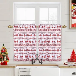 Christmas Short Curtains, Canvas White Snowflakes Christmas Tree Deer Tier Curtains Blackout Rod Pocket Drapes for Short Window Cafe Curtain Tiers, 2 Panels, White, 26" W x 36" L