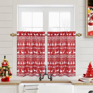 Christmas Short Curtains, Canvas Red Snowflakes Christmas Tree Deer Tier Curtains Blackout Rod Pocket Drapes for Short Window Cafe Curtain Tiers, 2 Panels, Red, 26" W x 24" L