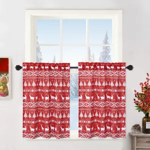 Boho Tier Curtains for Kitchen Window, Christmas Tree and Deer Pattern Bathroom Window Curtain, Xmas Decoration Window Treatment Decor Curtains, 26" W x 30" L, Red, Set of 2
