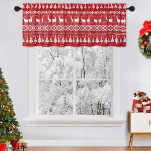 Window Valance Curtains for Kitchen, Christmas Decoration Cafe Curtains Boho Style Christmas Tree and Deer Pattern Bathroom Window Curtains, 52" W x 15" L, Red, One Panel