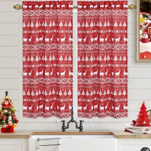 Christmas Short Curtains, Canvas Red Snowflakes Christmas Tree Deer Tier Curtains Blackout Rod Pocket Drapes for Short Window Cafe Curtain Tiers, 2 Panels, Red, 26" W x 45" L