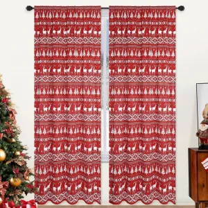 Christmas Curtains for Living Room, Boho Christmas Tree Deer Pattern Xmas Decorative Window Curtains Velvet Smooth Rod Pocket Bedroom Window Drapes 2 Panel Set, 52" W x 63" L, Red
