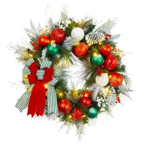 24 Inch Pre-Lighted Christmas Wreath for Front Door Silver White Wreath, Battery Powered LED Lights with Bow Flower Ball Ornament for Wall Window Christmas Decoration
