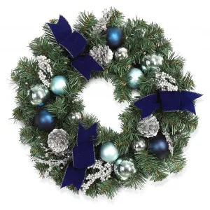 Christmas Wreaths, 18 Inch Christmas Wreath for Front Door with 15 LED Lights, Pre-lit Christmas Decoration with Blue Bows Silver Leaves Ball Ornaments for Christmas Wall Window Decor