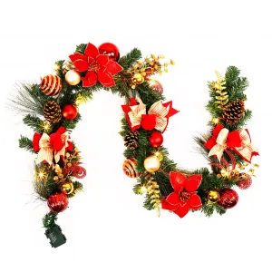 Christmas Lighted Garland, Red and White Theme 6FT 20LED Pre-Lit Christmas Garland with Ball Ornaments, Flowers, Pine Cones and Gold Branches for Window Door Stairs Mantle Christmas Decoration