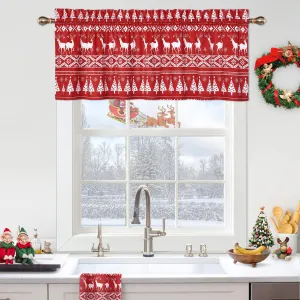 Red Boho Velvet Window Valances Xmas Tree Deer Snowflake Pattern Window Treatment Decor Curtains Window Dressing Christmas Decor for Kitchen/Living Room, 52" W x 15" L, One Panel