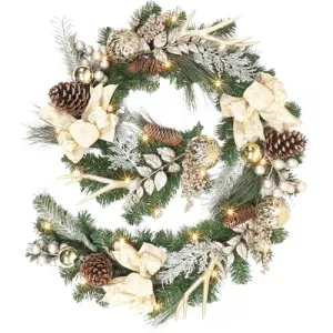 Prelit Christmas Garland with 20 Lights, Outdoor Christmas Garland with Gold Christmas Balls Pine Cones Antlers for Fireplace Mantel Porch Indoor Home Holiday Decorations
